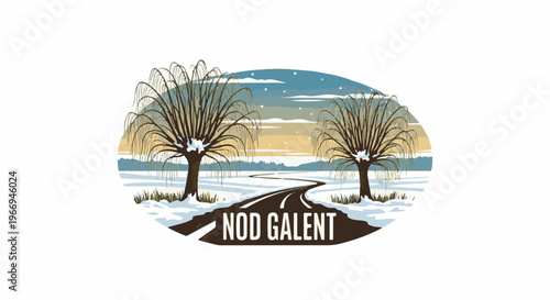 Winter road winding through snow, flanked by willow trees, under a hazy sky