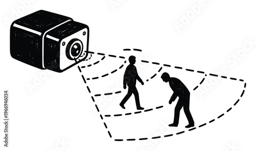 Security camera monitors human silhouettes within its detection zone, useful for illustrating concepts of surveillance, privacy, public safety, and smart home technology systems.