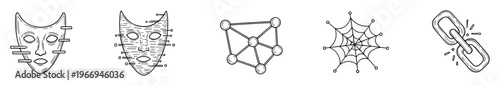 Hand drawn black and white line symbols depicting abstract masks interconnected networks spider web and a broken chain illustrating concepts of identity connection and digital security for