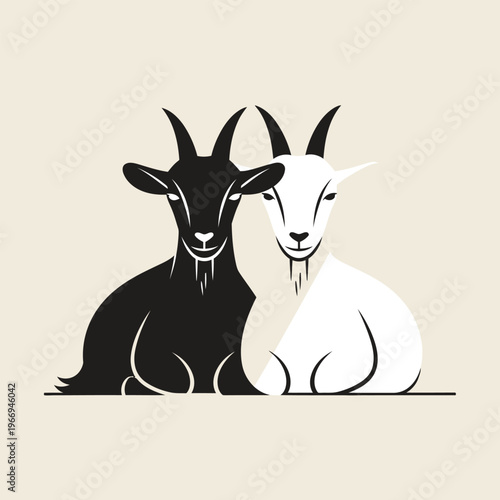 Stylized minimalist illustration of two goats black and white symbolizing duality and partnership on a neutral background.