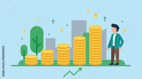 Businessman Beside Rising Coin Stacks Representing Growth.