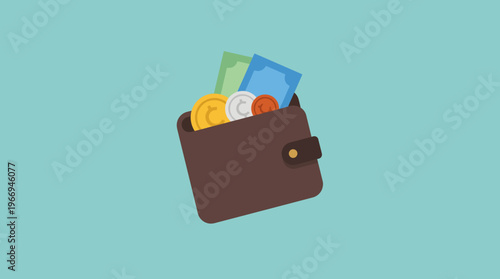 Leather wallet with coins and cards.