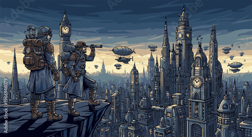 Two steampunk explorers observe a vast, clock-towered city with airships