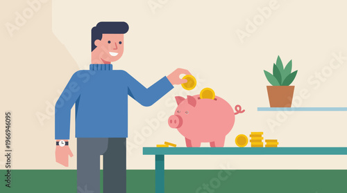Man With Piggy Bank Saving Money Illustration.