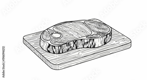 Hand-drawn illustration of a raw steak on a wooden cutting board