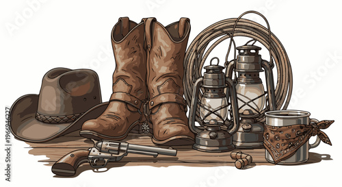 Cowboy gear hat, boots, gun, lanterns, rope, and coffee on wood