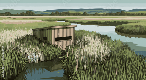 Wooden blind structure situated beside calm water amidst lush reeds and distant hills