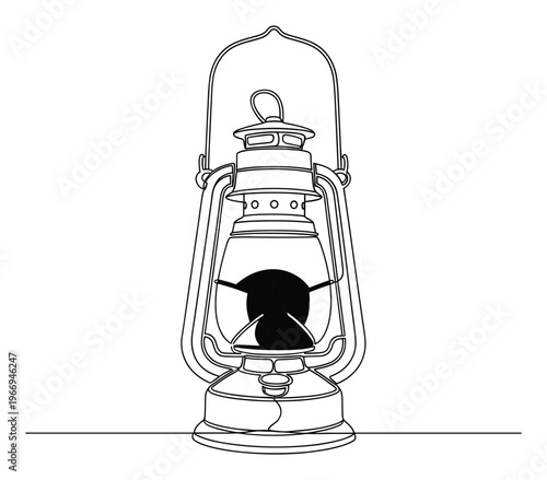 Continuous line drawing of a vintage oil lantern, perfect for oldfashioned decor projects, travel adventure themes, and outdoor camping graphics.