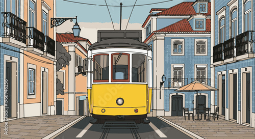 Yellow tram on cobblestone street in a European city