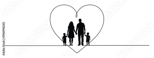 Simple black silhouette of a happy loving family with parents and two children holding hands, encapsulated within a continuous single line forming a heart, perfect for conveying deep