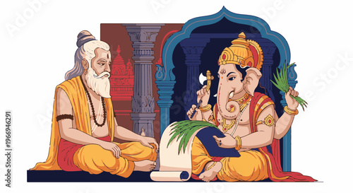 Hindu deities, one with an elephant head and another with a beard, seated and engaged