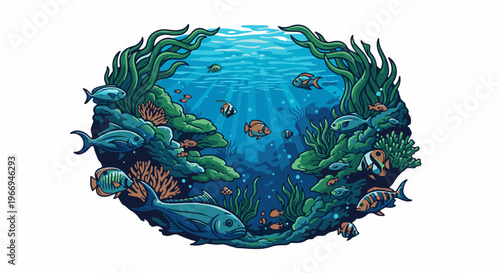Underwater scene with colorful fish, kelp, and coral formations