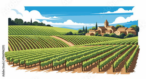 Verdant rolling vineyards stretch towards a charming village under a bright blue sky