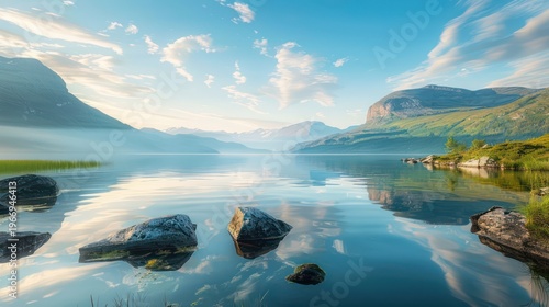 Serene landscape with mountains and reflective lake under a blue sky with scattered clouds