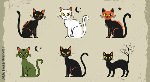Vintage Halloween Cats Illustration: Black, White, Green, Orange Felines with Moon and Stars