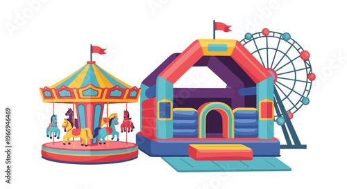 Colorful Carnival Fun: Bouncy Castle, Carousel, and Ferris Wheel