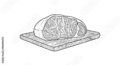 Hand-drawn illustration of a raw, marbled cut of meat on a wooden board