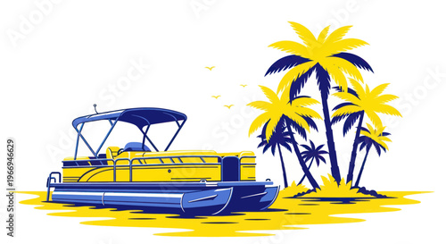 Pontoon Boat Docked Beside Tropical Palm Trees on Sandy Shore
