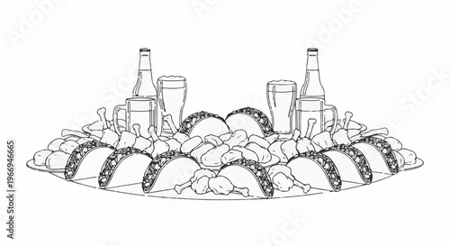 Tacos, chicken wings, and beer on a platter for sharing