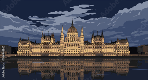 Majestic building at dusk reflects in the still water under a cloudy sky