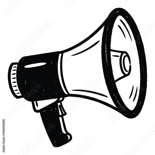 Bold black and white handdrawn megaphone conveying a powerful message for public speaking, urgent announcements, and impactful communication campaigns