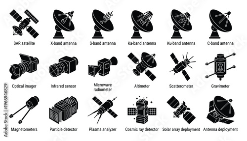 A comprehensive collection of space instrument icons and satellite components including various antennas imagers detectors and analyzers essential for aerospace engineering and scientific