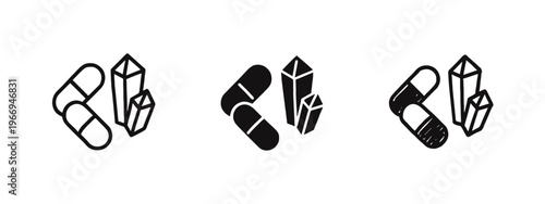 Pills and crystal components icon set. Medication or supplement ingredients vector illustration for pharmaceutical science.