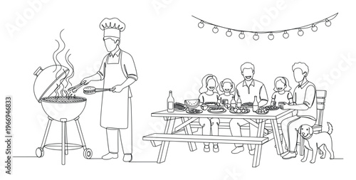 A chef prepares food on a grill while a happy family enjoys a delicious outdoor picnic meal at a wooden table under festive string lights.