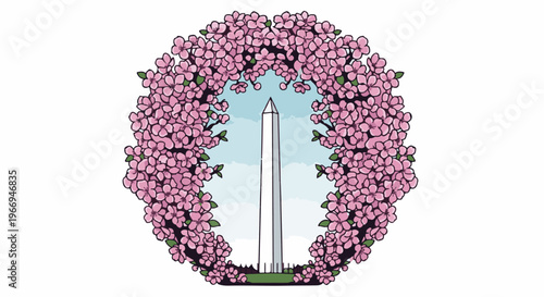 Monument framed by blooming cherry blossoms under a soft blue sky