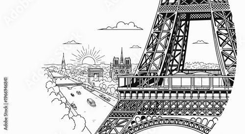 Line drawing of Parisian landmarks with Eiffel Tower prominent