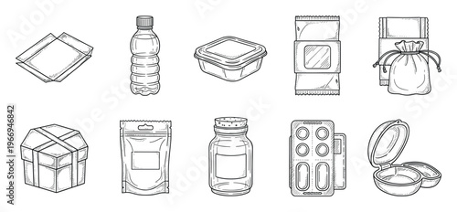 Various product packaging and containers in a handdrawn sketch style perfect for retail branding and delivery service graphics