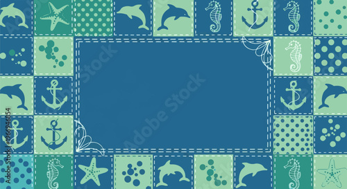 Nautical patchwork frame with sea creatures and anchors on blue background