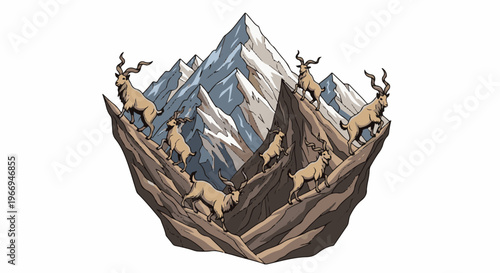 Mountain goats navigate steep, rocky slopes beneath jagged peaks