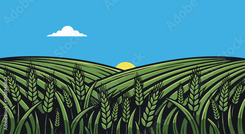 Stylized golden wheat field under a bright blue sky with a single cloud