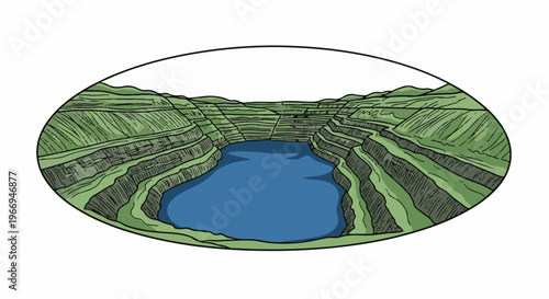 Open pit mine with water-filled quarry and layered green hills