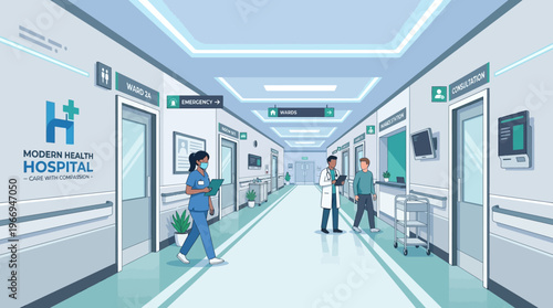 Modern Hospital Corridor with Medical Staff and Patients