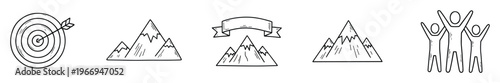 Linear doodle icons symbolizing business goals, challenges, and success, featuring a target with an arrow, mountain peaks, a ribbon, and triumphant people, ideal for motivational and