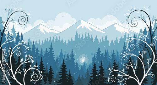Snowy mountains rise above a dark, wintry forest with swirling branches