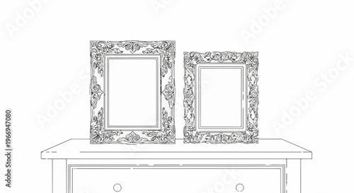 Ornate empty picture frames on a dresser