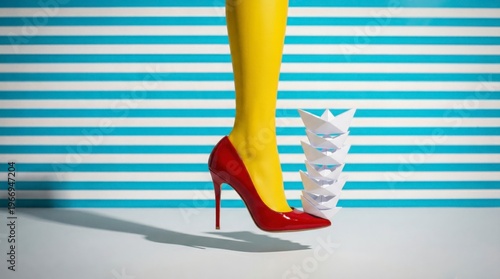 Red High Heel Fashion & Conceptual: A vibrant red high heel poised atop a stack of paper boats. Emphasizing elegance and innovation, all against a bright backdrop.