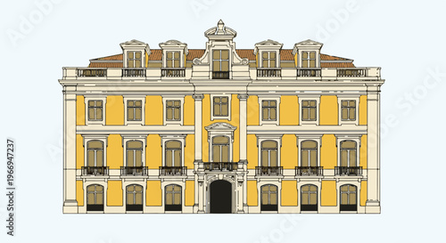 Ornate yellow building with multiple windows and balconies