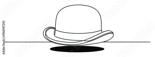 Minimalist continuous line drawing of a classic bowler hat with a soft shadow beneath, perfect for elegant graphic projects, fashion illustrations, and traditional accessory designs