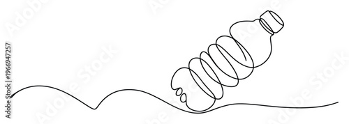 Continuous line drawing of a crumpled plastic bottle representing environmental pollution and waste problem, suitable for educational materials or ecofriendly campaigns.