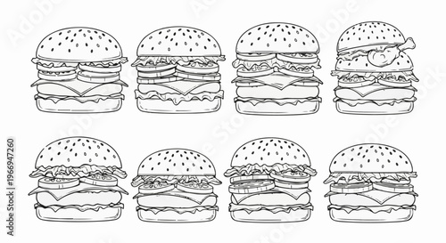 Outline drawings of eight different stacked hamburgers with various fillings
