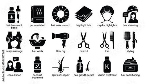 Comprehensive collection of hair salon treatment and care process glyph icons showcasing cutting, styling, coloring, and growth solutions for beauty industry marketing materials and web