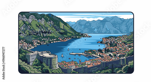 Mountainous coastline with ancient walled city and bay