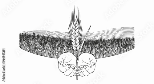 Hands cradle a single wheat stalk against a backdrop of a vast, stylized wheat field
