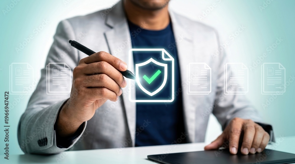 Obraz premium insurance, digital signature, security, document, compliance, verification, protection. Professional businessman using a stylus to sign and verify secure electronic contracts and data.