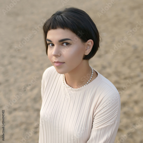 Portrait of thoughtful young woman with short hair on sandy beach.