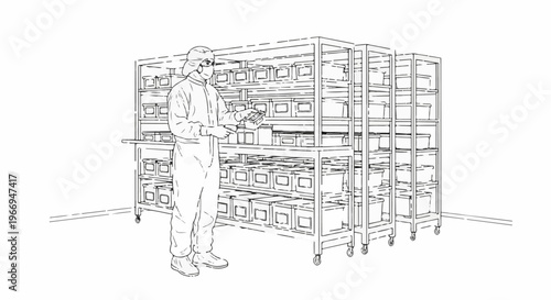 Person in protective suit inspects items on rolling shelves in sterile environment